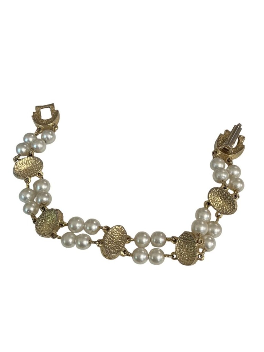Vintage Gold Tone Faux Pearl Bracelet 7-Inch Double Strand Elegant Design - Picture 3 of 5